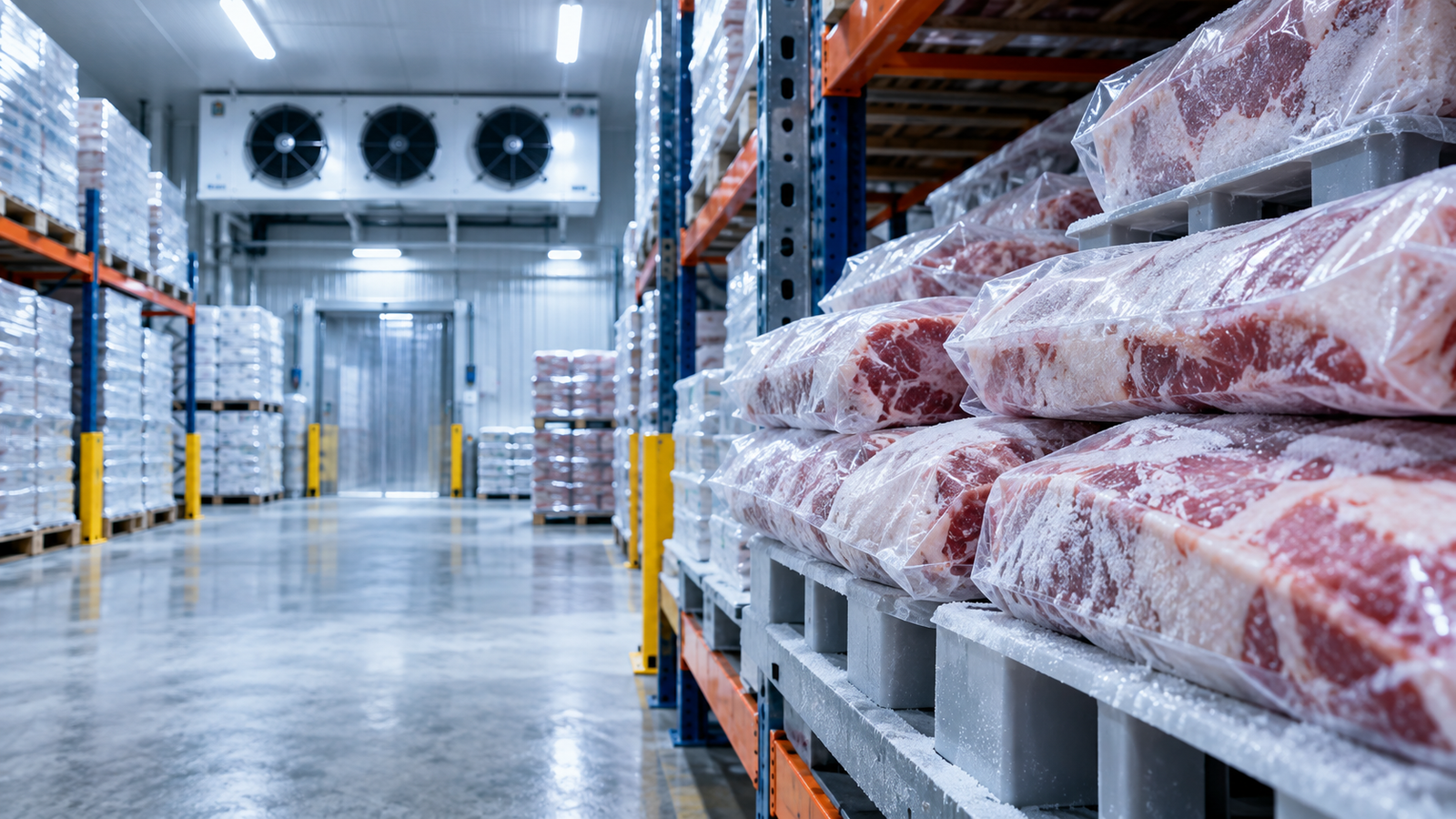 Productos cárnicos congelados conservados dentro de una cámara fría