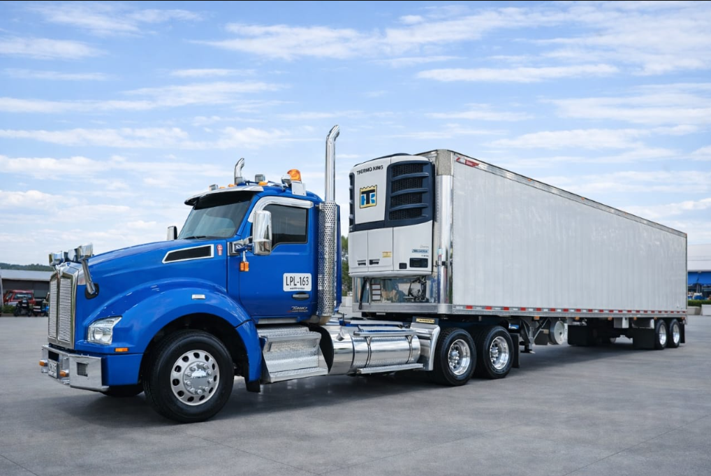 Camión azul con remolque refrigerado para transporte frío y carga seca